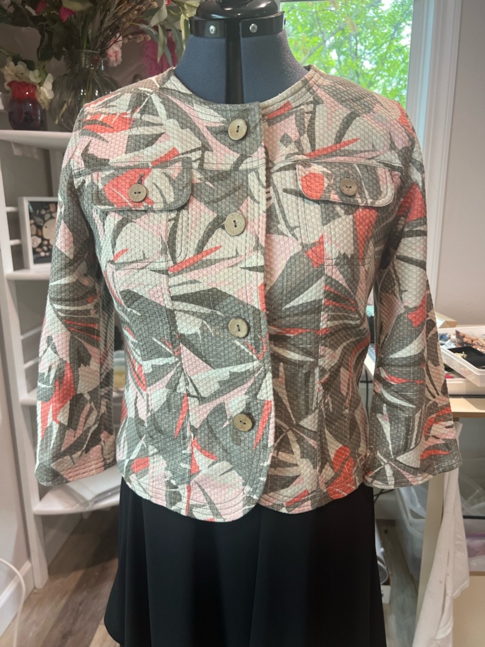 Ruby Rd. Coral, Sage & Cream Textured Floral Jacket